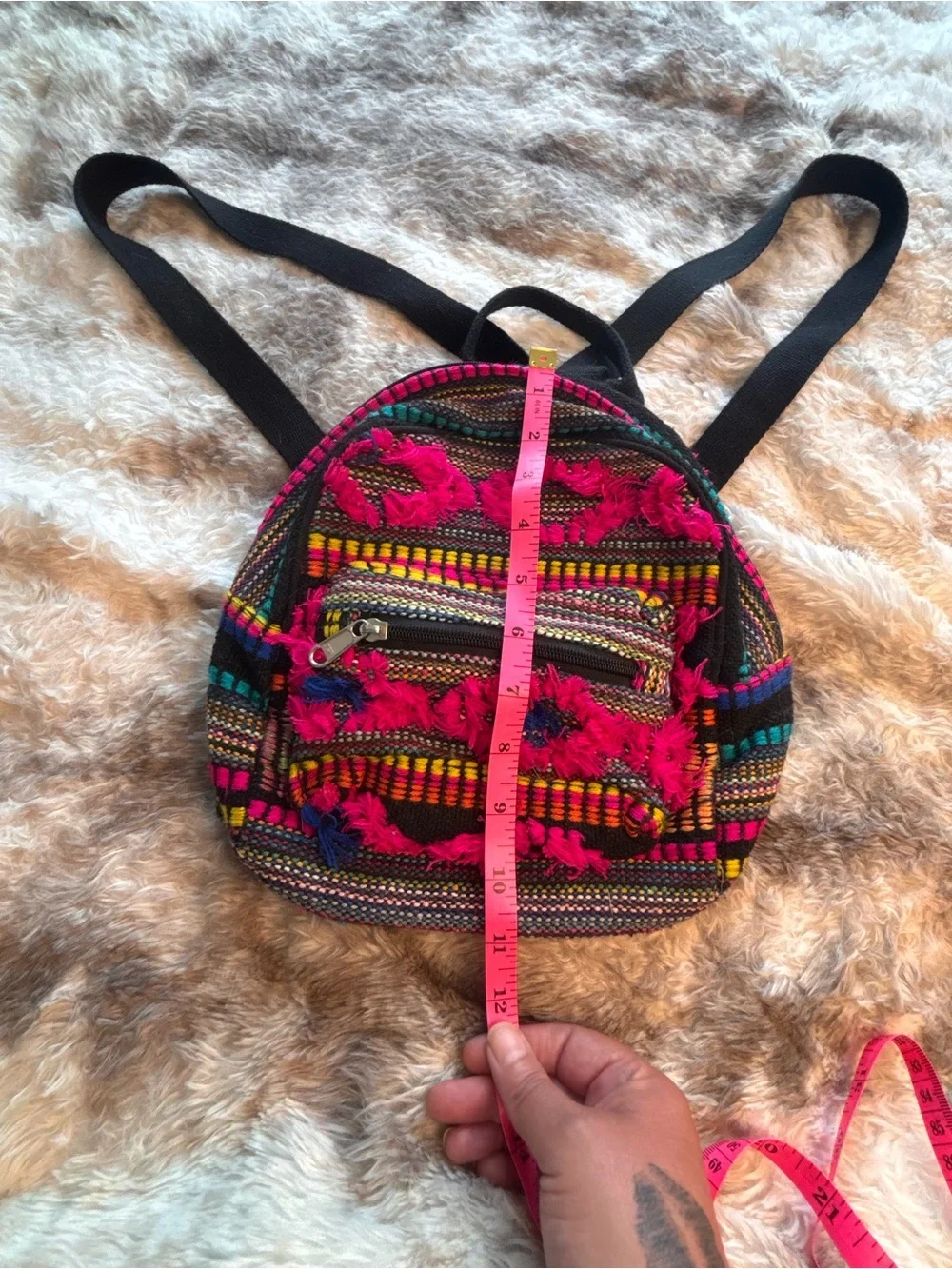 Boho Pink Multicolor Mini Backpack with Front Zip Pocket